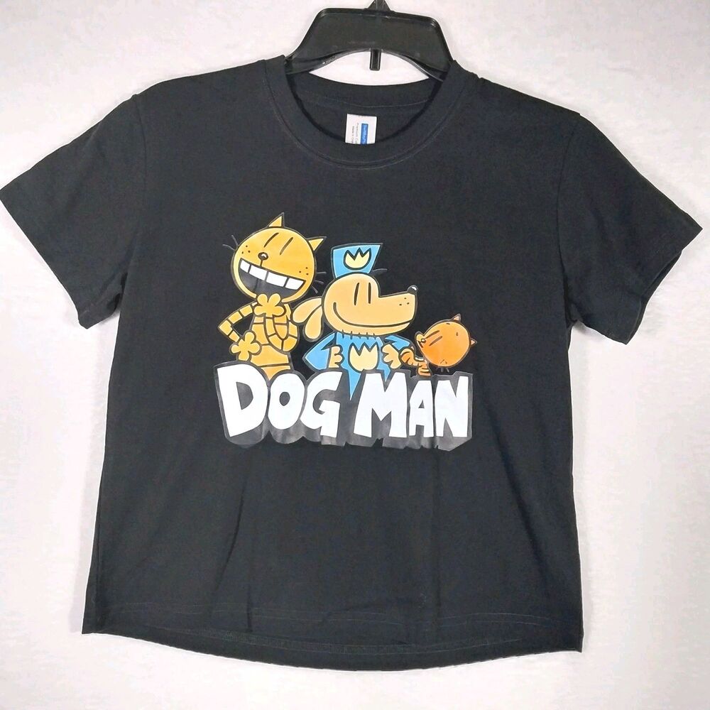 Dog Man Shirt Kids Size 140 Youth M 8-10 Black Dav Pilkey Graphic Tee #E87